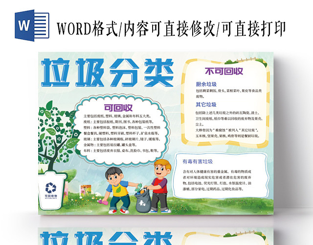 绿色清新卡通儿童垃圾分类手抄报WORD模板