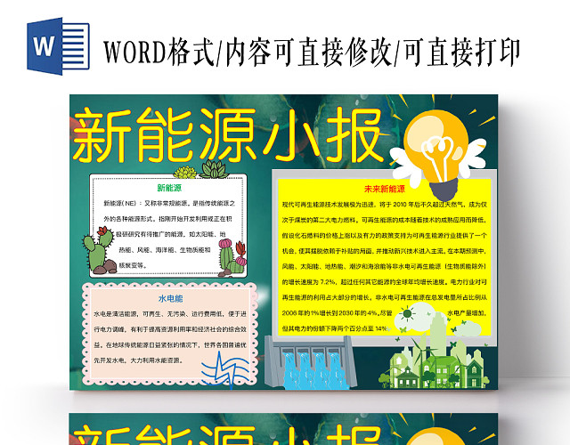 默绿简约新能源小报手抄报WORD模板