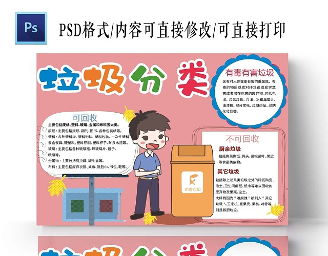卡通粉色背景垃圾分类手抄报