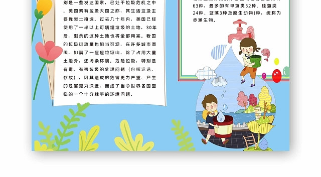 卡通浅蓝色背景环境与节水手抄报