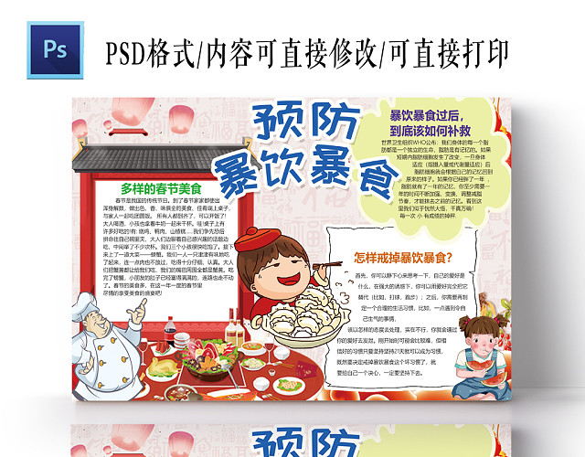 卡通中国风预防暴饮暴食健康饮食小报手抄报PS模板