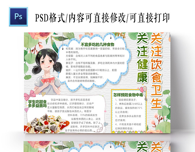 清新卡通关注健康饮食小报手抄报PS模板