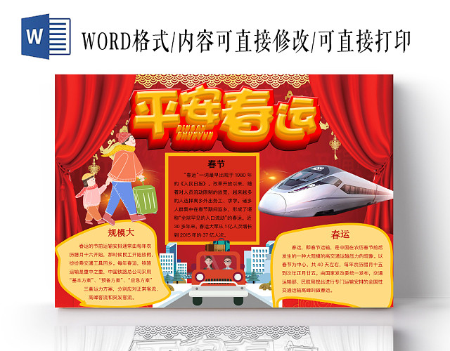红色喜庆平安春运春节过年手抄报WORD模板
