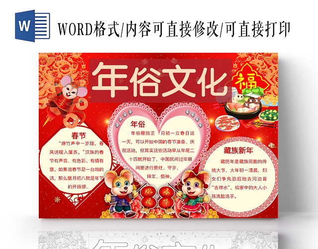 简约可爱年俗文化小报WORD模板鼠年春节新年