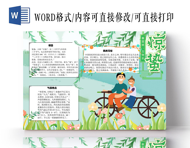 绿色手绘横版二十四节气惊蛰手抄报WORD文档模板惊蛰小报二十四节气