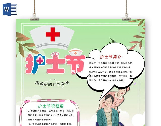 绿色卡通风512国际护士节白衣天使南丁格尔小报