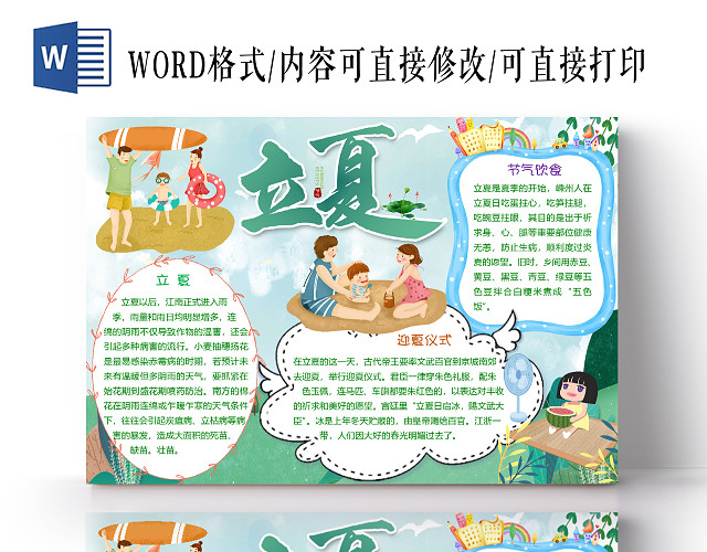 绿色卡通立夏二十四节气小报手抄报WORD模板
