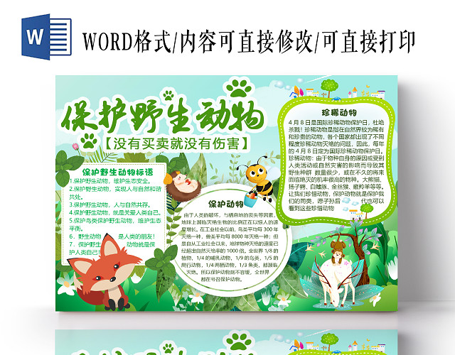 绿色卡通保护野生动物小报手抄报WORD模板
