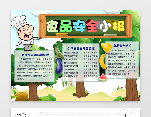 绿色树木厨师卡通手绘食品安全小报手抄报