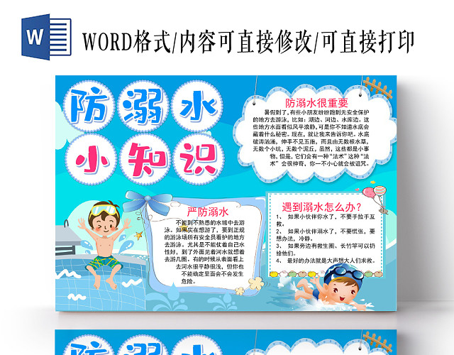蓝色卡通夏季防溺水小知识手抄报WORD模板
