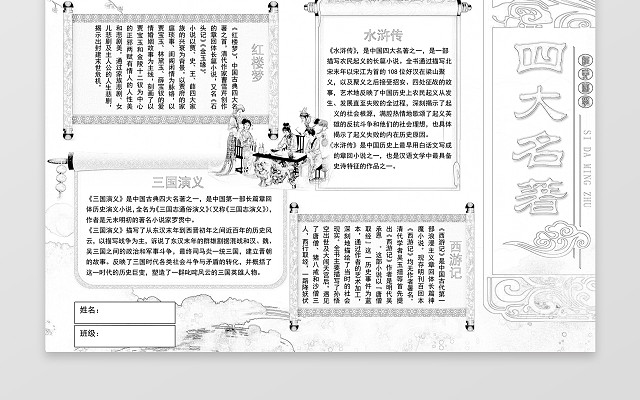 中国风古代人物古典四大名著读书手抄报含有PS源文件