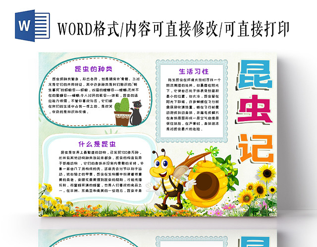 炫彩活泼卡通儿童昆虫记读书手抄报PSD模板