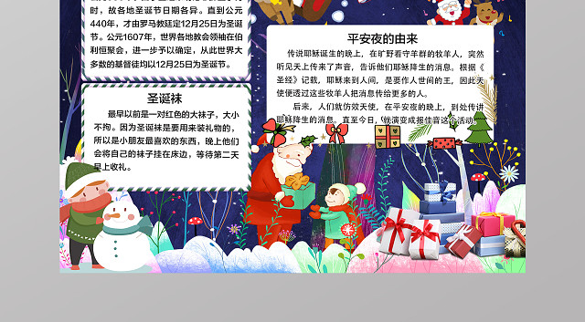 蓝色深夜背景卡通欢快风节日小报圣诞节手抄报电子小报