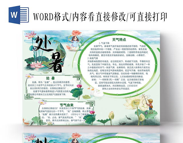 处暑小学生荷花荷叶手绘风创意手抄报