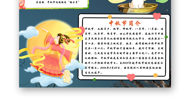 深蓝色静谧月夜月饼中秋节日宣传手抄报PS模板