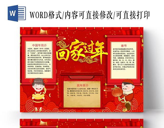 新年鼠年卡通红色喜庆风回家过年手抄报WORD模板
