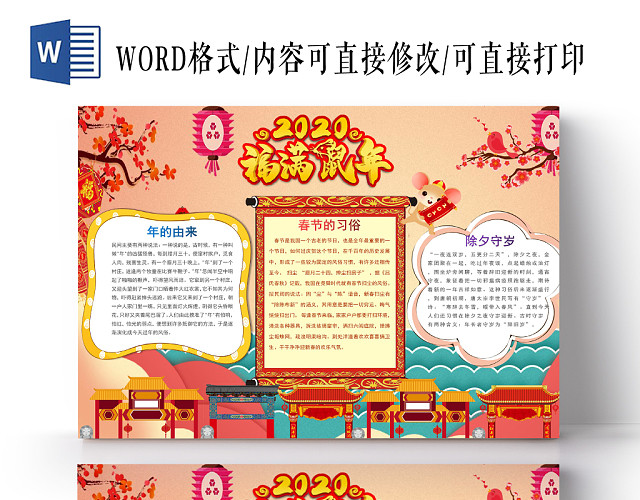 卡通福鼠满年手抄报WORD模板