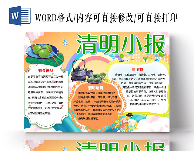彩色卡通青团清明节小报手抄报WORD模板