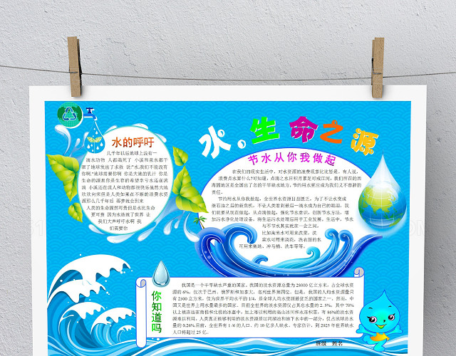 蓝色创意节约水环保手抄报模板
