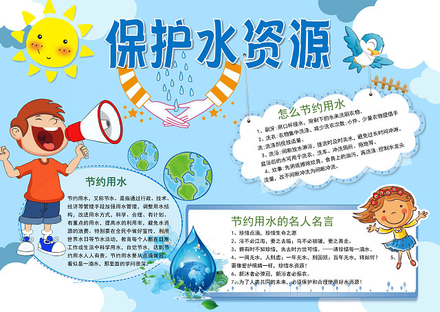 手绘卡通小人蓝色背景保护水资源环保小报word手抄报 包站长 手绘卡通小人蓝色背景保护水资源环保小报word手抄报 包站长