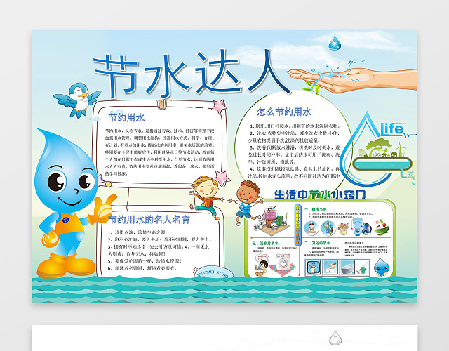 卡通水滴蓝色背景节水达人节水小报环保手抄报