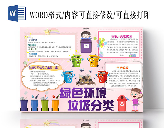 粉红卡通绿色环境垃圾分类环保小报手抄报WORD模板