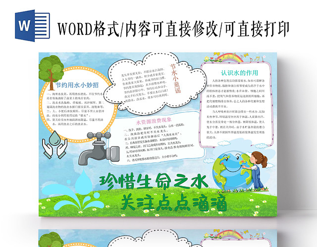 卡通环保珍惜生命之水关注点点滴滴手抄报WORD模板