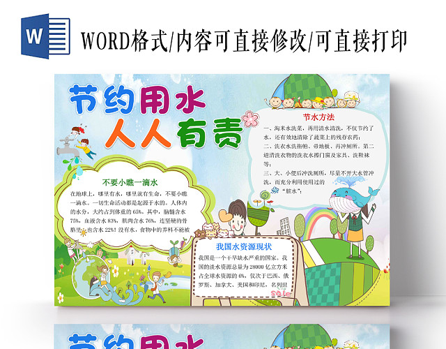 蓝色简约卡通节约用水人人有责宣传手抄报WORD模板