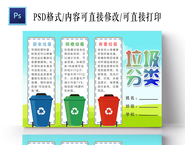 蓝色垃圾分类小报手抄报PS模板