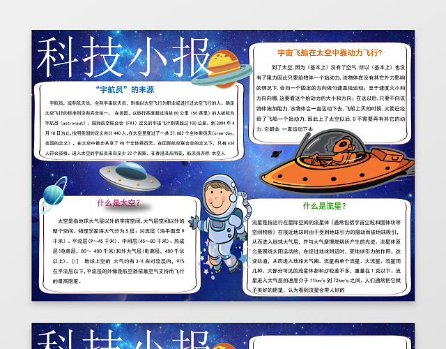 卡通形象宇宙飞船科技小报边框花边WORD小报学习电子手抄报