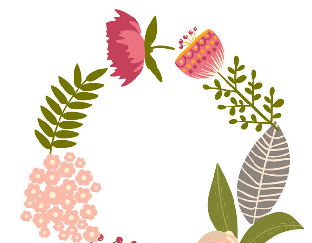 粉色花朵小草叶子花圈素材