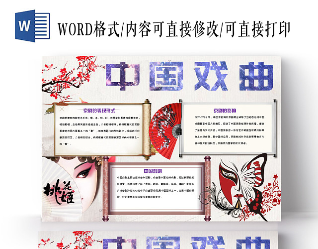 简约大方卡通中国风中国戏曲传统文化手抄报WORD模板