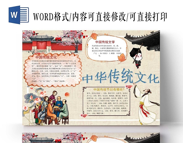 多彩卡通传统文化手抄报WORD模版