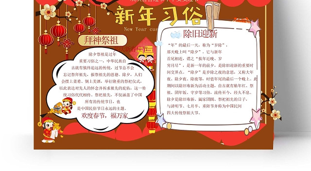 新年习俗喜庆背景手抄报春节习俗