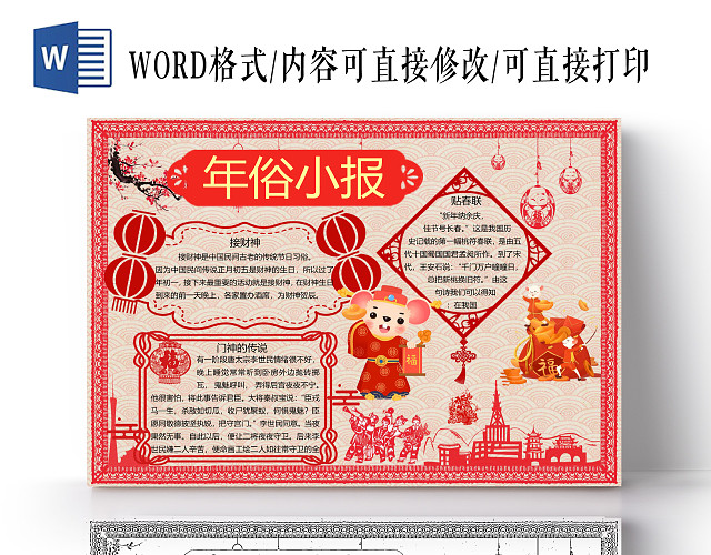 卡通花边年俗文化春节宣传手抄报WORD模板春节习俗