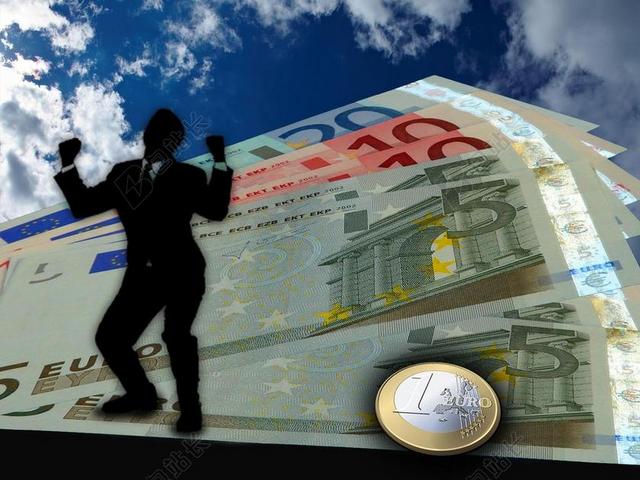 金融欧元硬币和纸币和商人背景图片