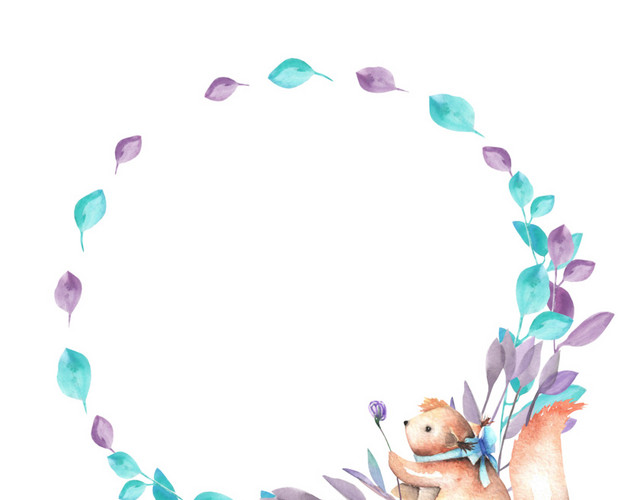 卡通手绘松鼠花环水彩标签插画素材