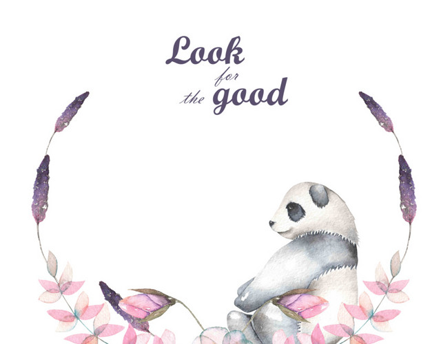 卡通手绘熊猫花环水彩标签插画素材