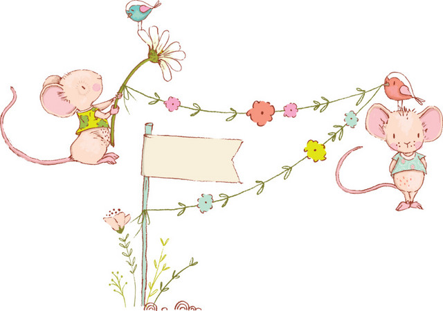 手绘卡通粉色鼠和花卉