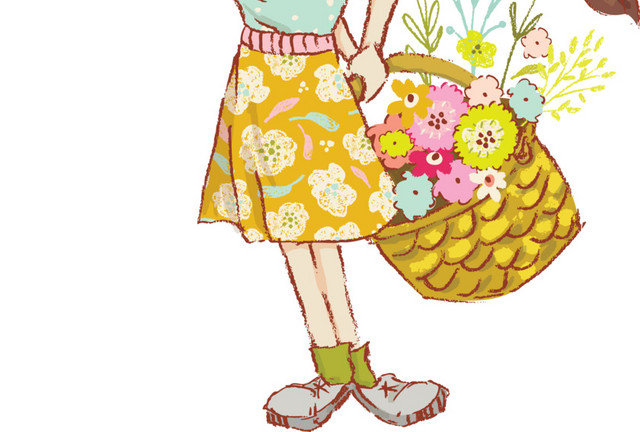 手提鲜花的卡通小女孩