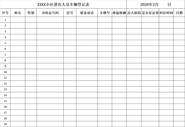 黑白简约正式疫情防控进出人员车辆登记表EXCEL模板