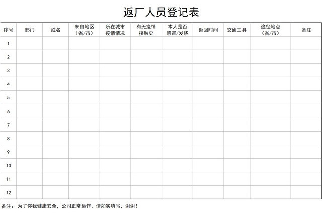 黑白简约正式疫情防控返厂人员登记表EXCEL模板