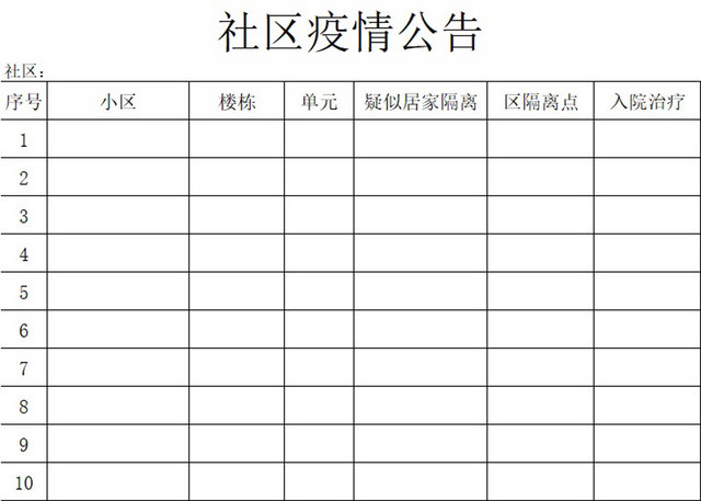 黑白简约正式疫情防控社区疫情公告EXCEL模板