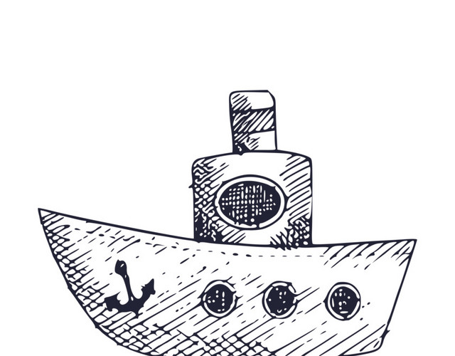 黑色卡通涂鸦轮船简笔画