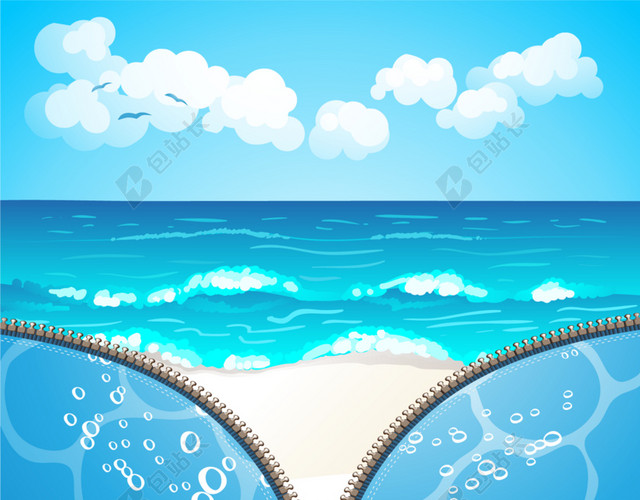 蓝色卡通度假海边素材