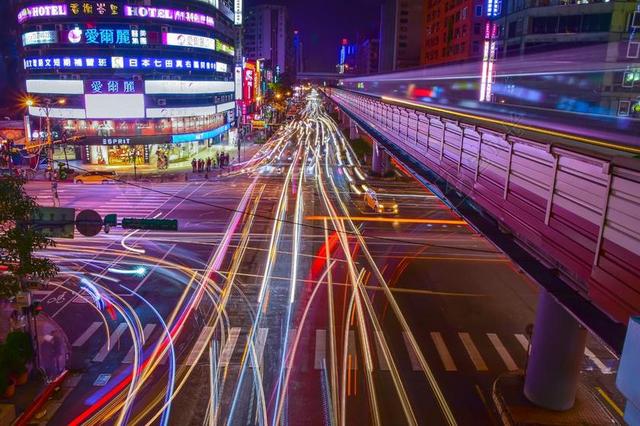 旅游时尚台湾台北市街头城市灯光光轨宣传背景图片