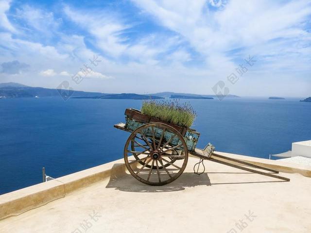 希腊 海 海景 南 圣托里尼岛 购物车 天空 太阳