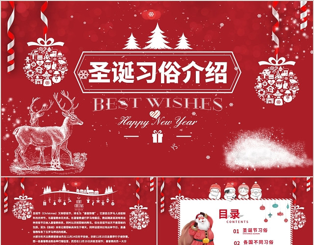 红色简约圣诞习俗介绍动态PPT模板