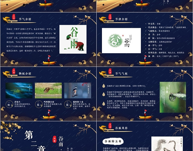蓝色简约中国风中国传统文化二十四节气谷雨节日介绍PPT模板