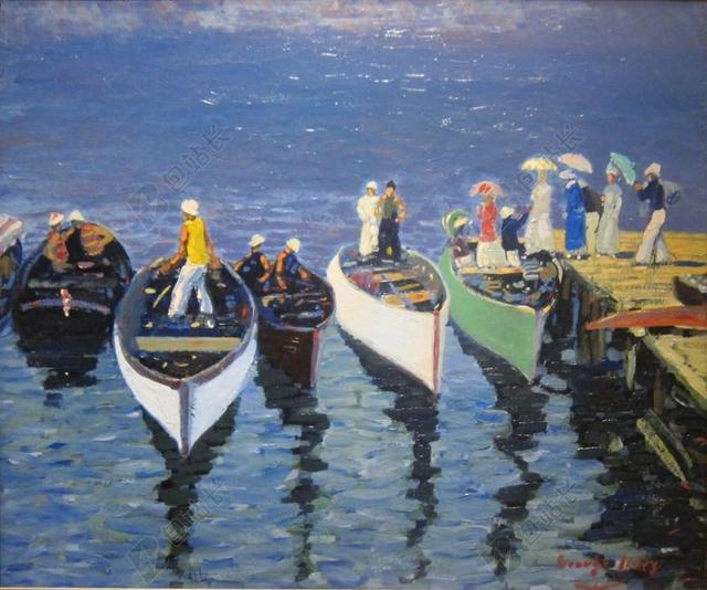 乔治 LUKS 艺术 画 布面油画 艺术性 人 船 河 水
